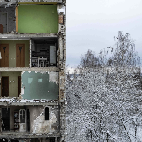 A residential building destroyed by Russian shelling in Borodyanka, Kyiv region, Ukraine.