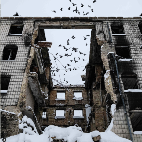 A residential building destroyed by Russian shelling in Borodyanka, Kyiv region, Ukraine.